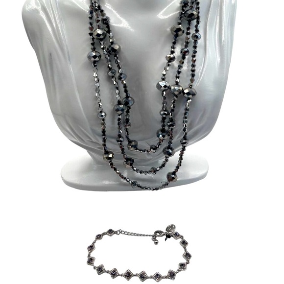 Vintage Sparkly Silver Bracelet & Multi-Strand Beaded Necklace Set Chic N65 - Picture 1 of 7